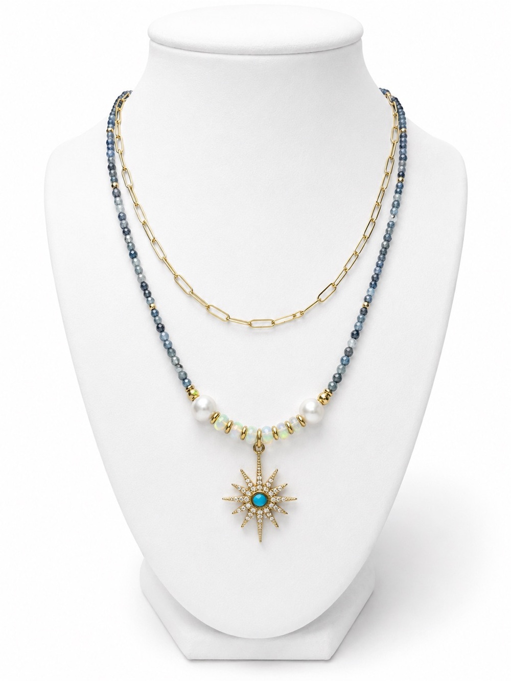Handmade Kyanite, Ethiopian Opal, and Freshwater Pearl Necklace